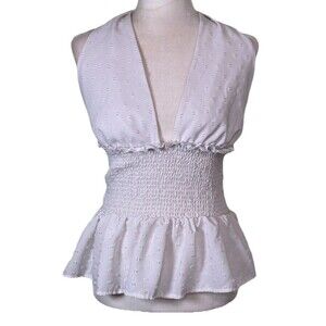 Women’s Coquette White Halter Top Swiss Dot Smocked Waist Ruffle Peplum Size Lg